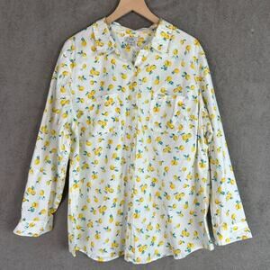 Croft & Barrow Womens Button Up Top Size 3X Lemon Print Roll Tab Sleeves Office